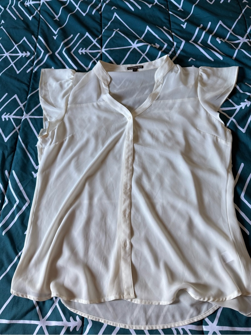 Express Light Cream Button-Front Flutter Sleeve Blouse